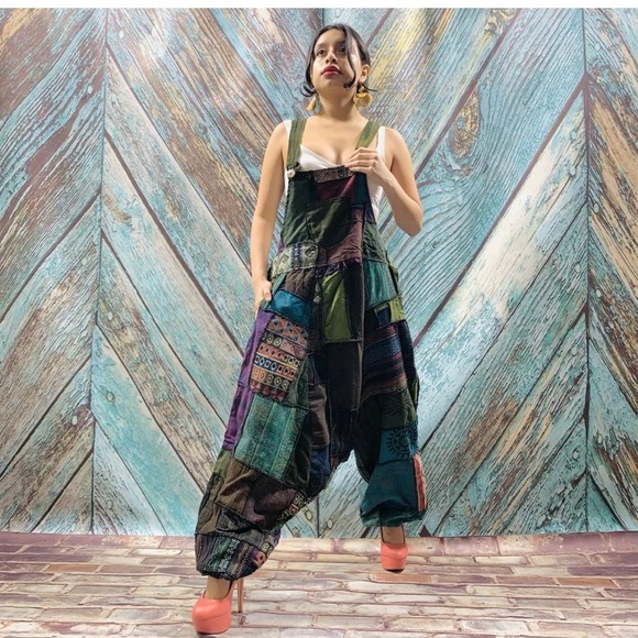 Handmade Baggy Hippy Patchwork Overall Jumpsuit - Picture 1 of 6